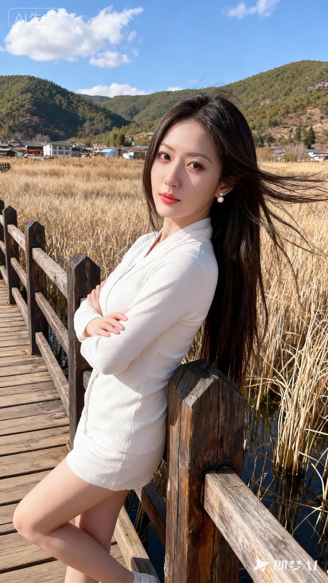在秋日田野中，她倚靠木桥，微风拂面，宛如一幅诗意画卷。