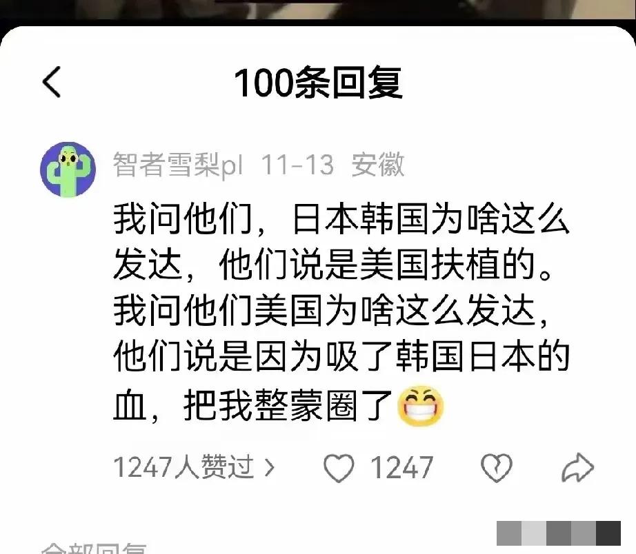 他们说他们有逻辑。但他们的论据全是自己编造的。我见过有人说，日韩发达，是因为美