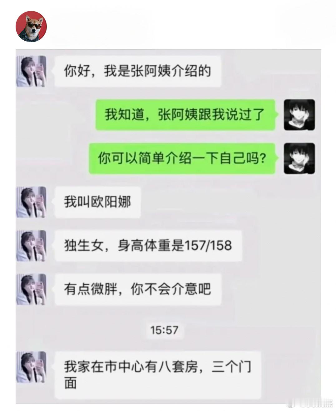 假如你是这个男的，收到相亲对象的这个自我介绍信息，你会怎么回复？​​​