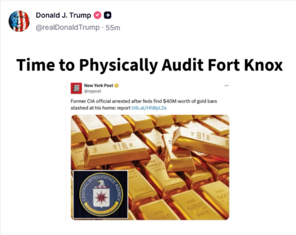 特朗普说要审计诺克斯堡库存了必须支持川中央彻查👍🏻👍🏻👍🏻👍🏻?