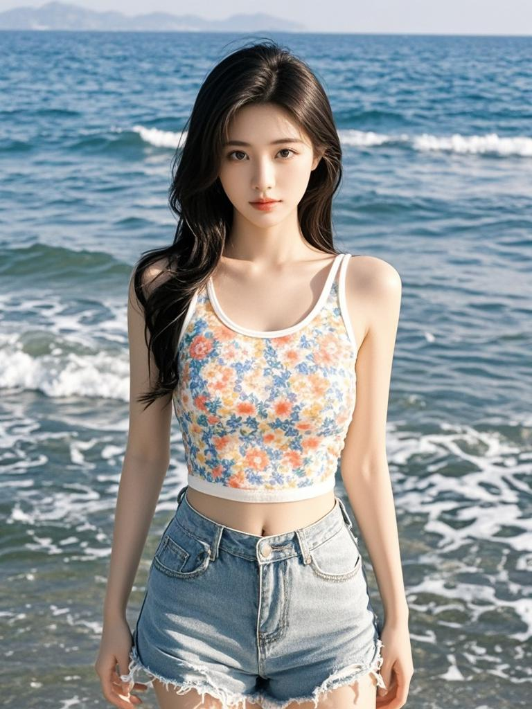 海浪与美女，构成绝美画卷