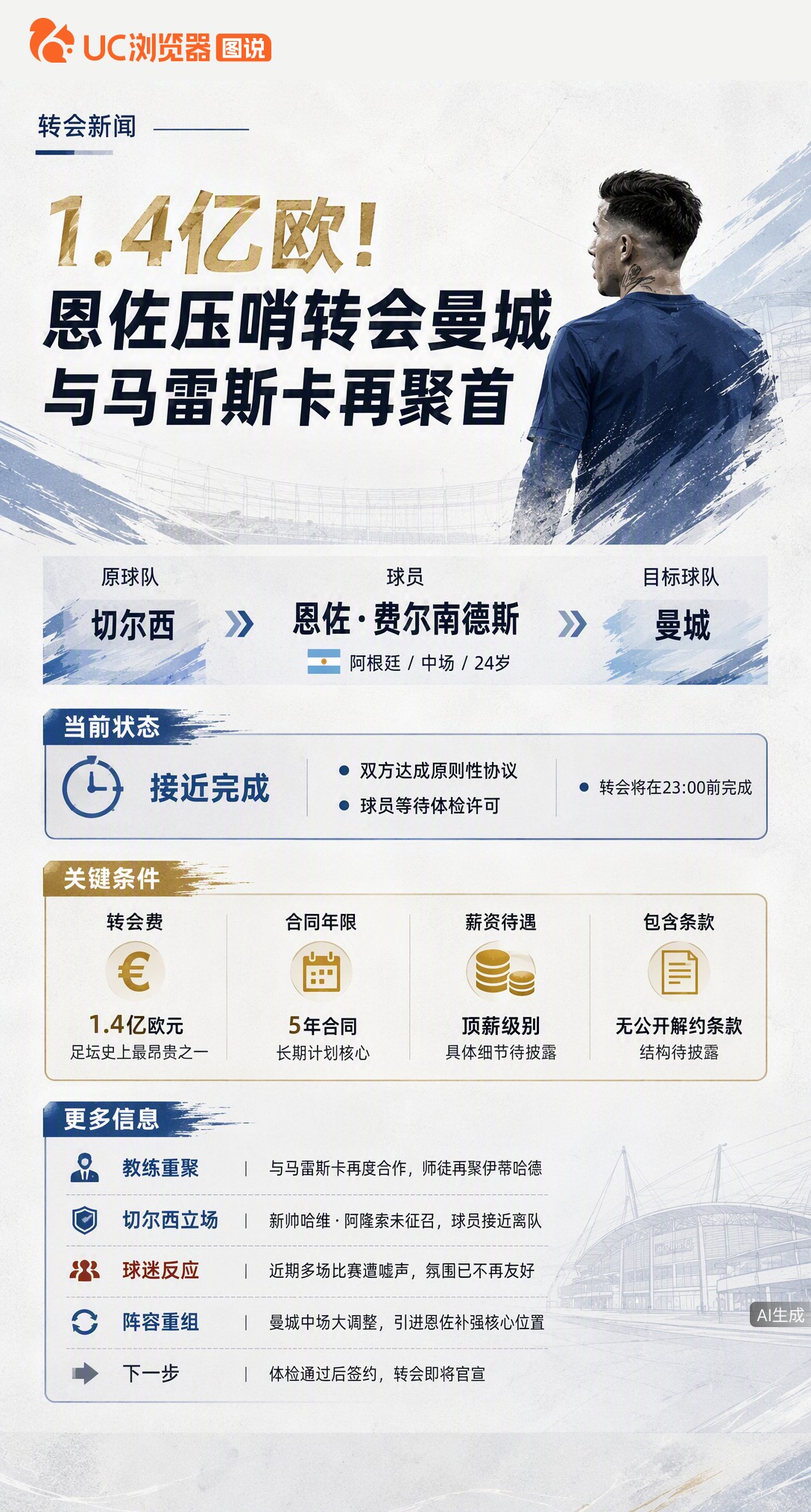压哨1.4亿欧！曼城接近签下恩佐，他将与马雷斯卡重聚。此前在切尔西屡遭嘘声还公开质疑管理层，如今转投