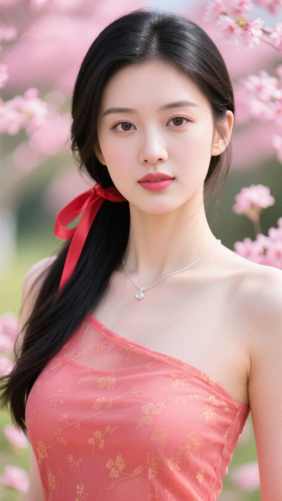 绯樱映佳人绯樱漫枝，如云似霞，将春日的温柔尽数揉进眉眼。一缕红丝带轻绾青丝