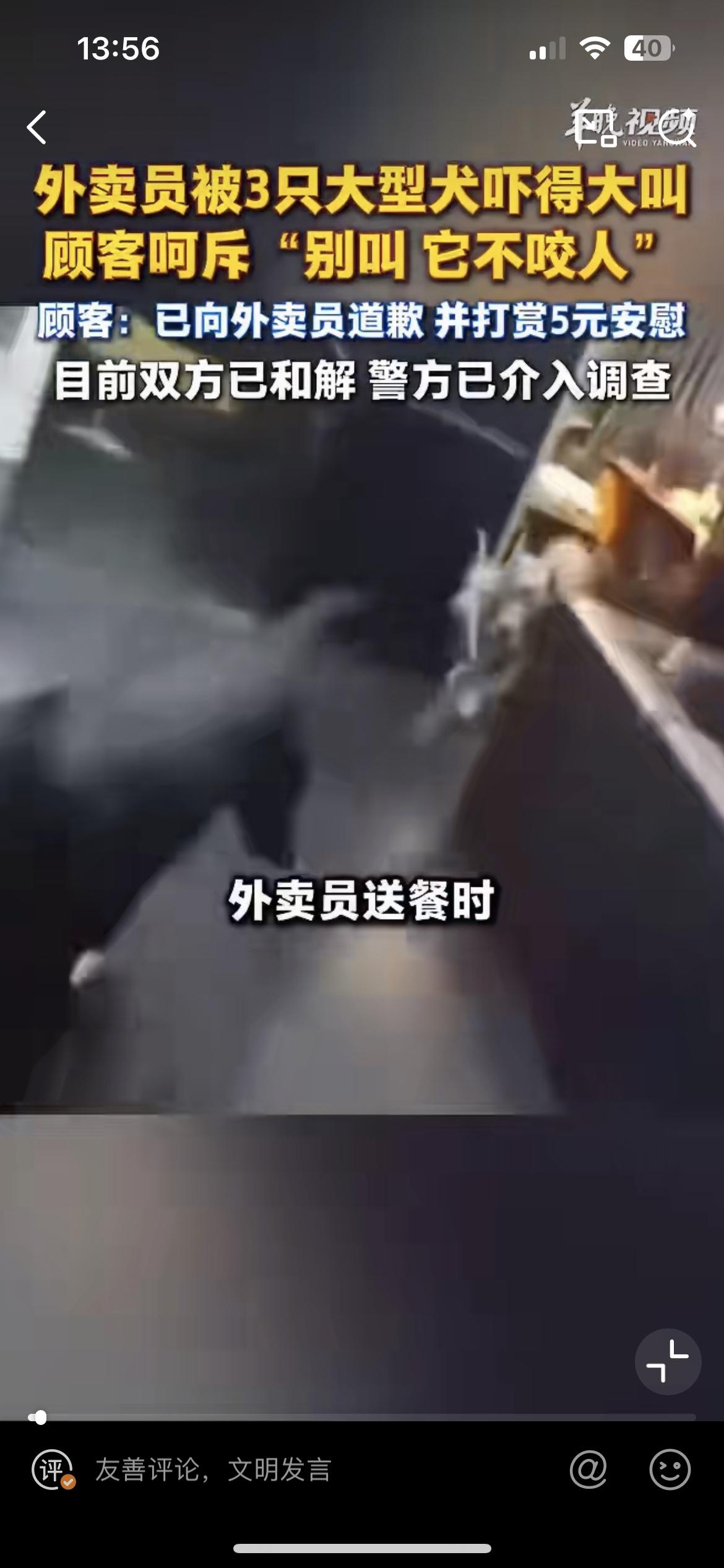 昆明一外卖小哥被突然窜出了三只大丹犬惊吓，狗主却喝止外卖员不要大呼小叫，说他的狗