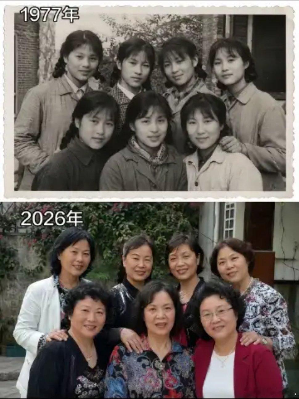 当年的老照片犹如七仙女，五十年后再相聚风采依旧啊！