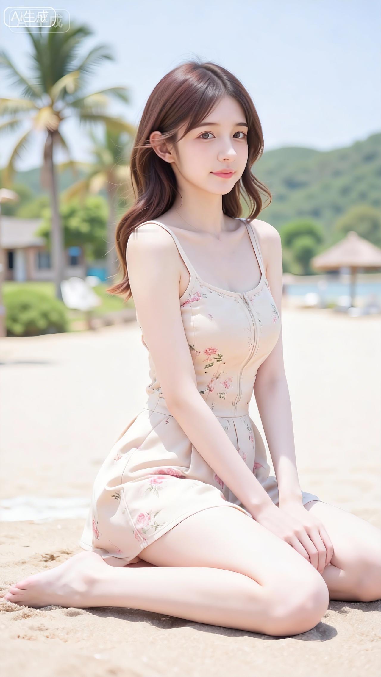 椰风裹着碎花裙，浅粉晃过海滩的光，发梢沾了咸甜的夏海边甜柔穿搭海边度假裙穿搭