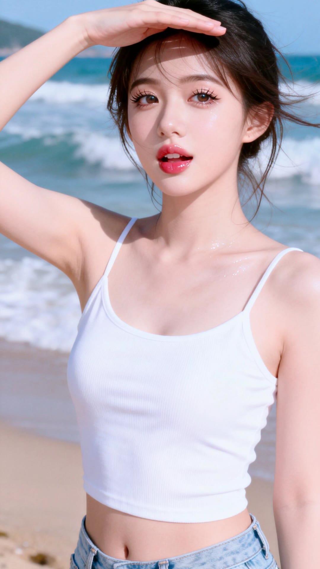 海边少女，阳光明媚，沙滩漫步，夏日风情