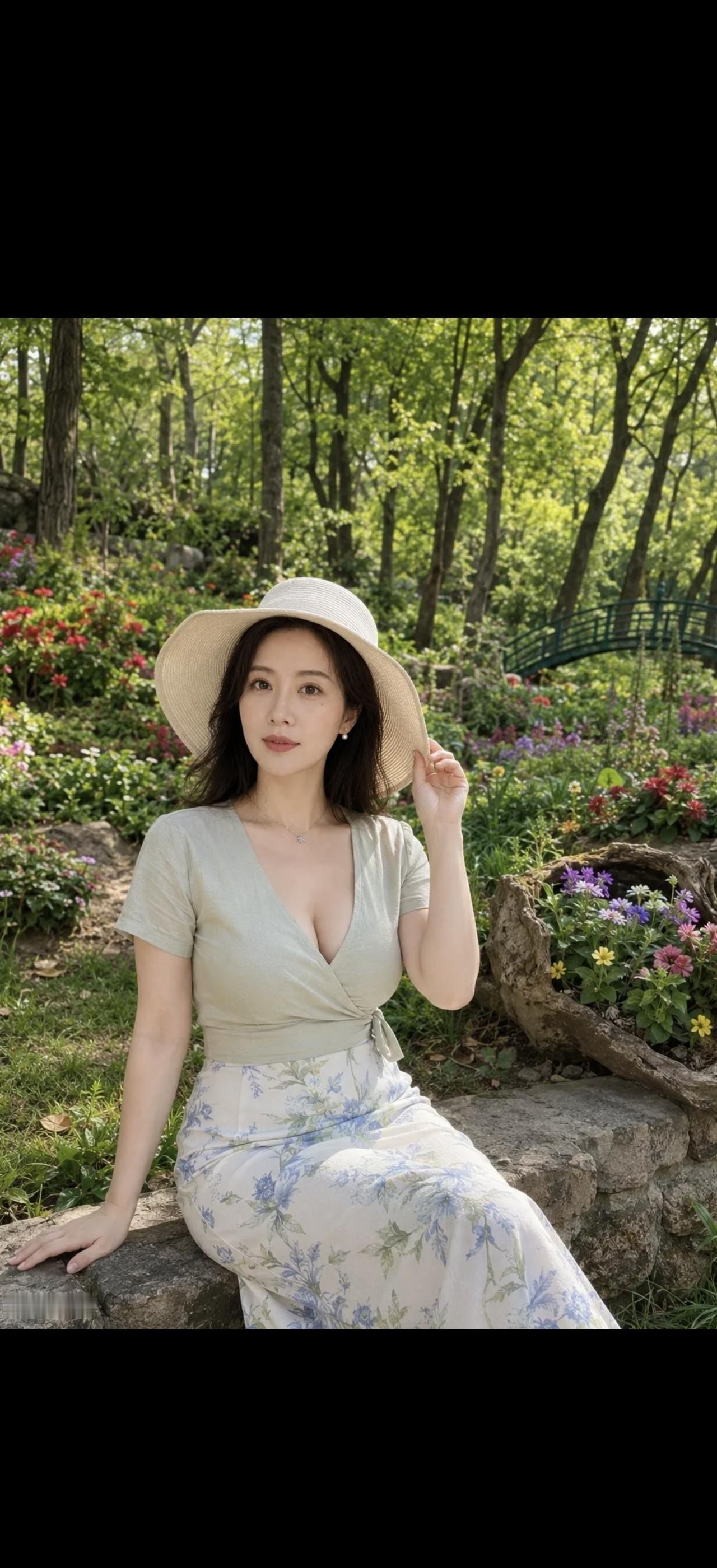 阳光明媚，花丛中，她微笑着。