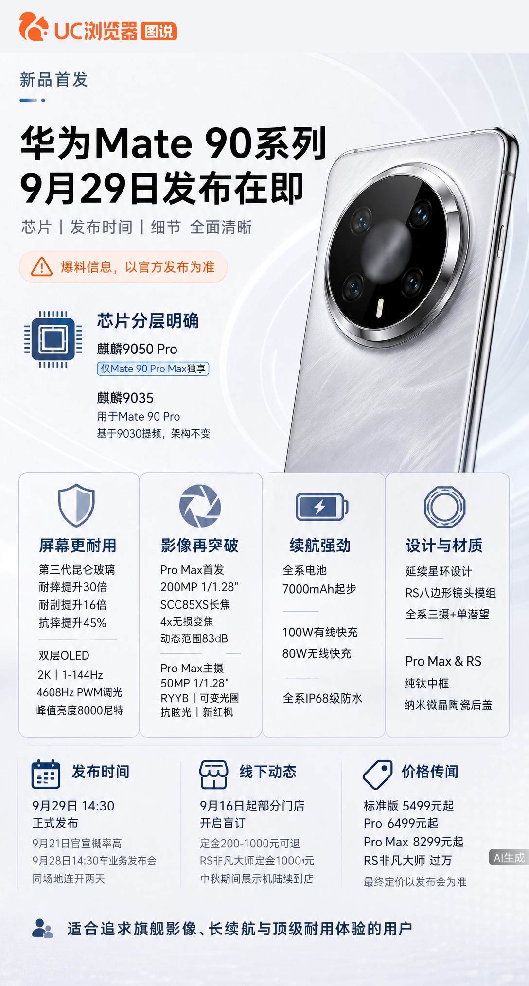 华为Mate90系列曝9月29日发布，麒麟9050Pro仅ProMax独享，标准版芯片或砍。全系70