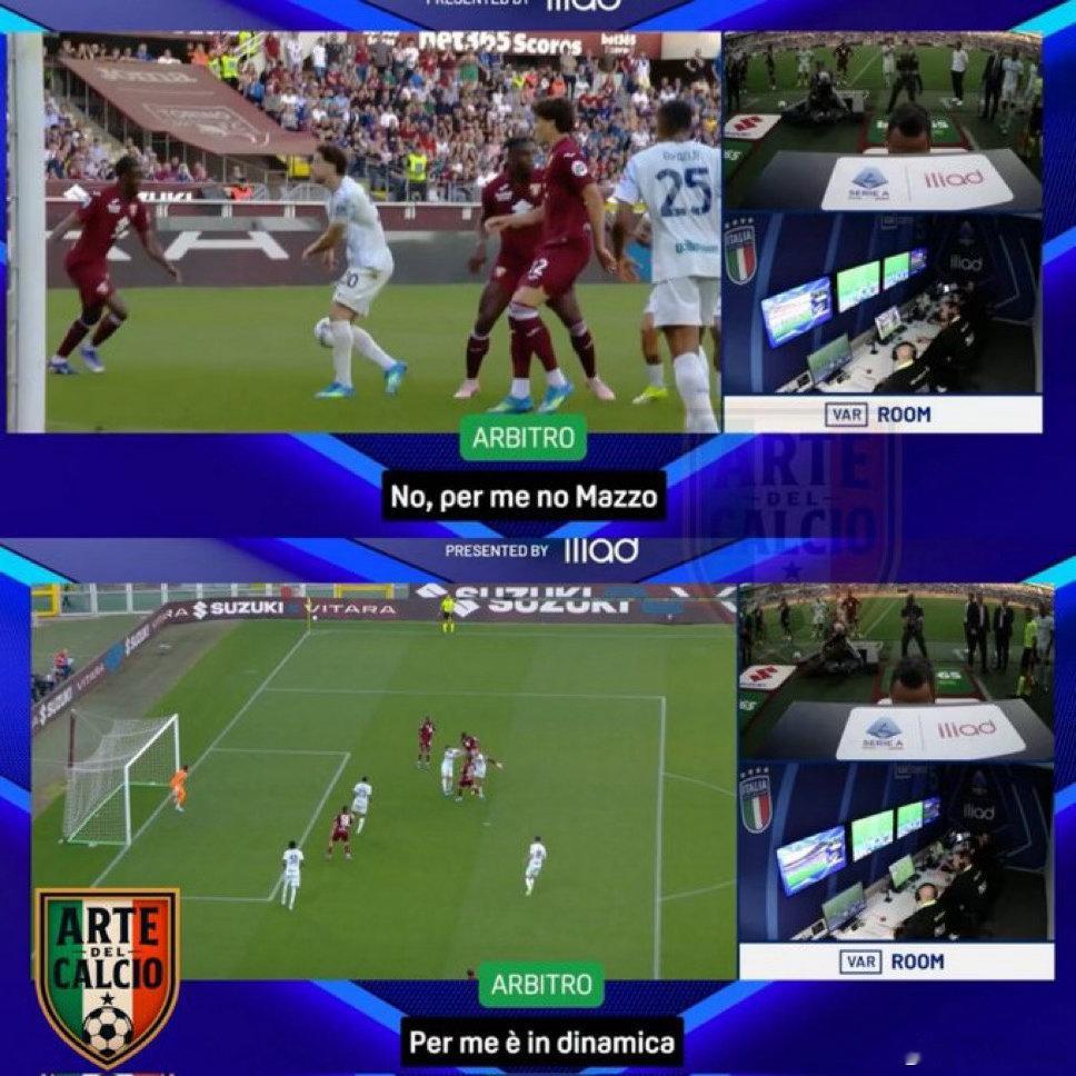 关于都灵-国际米兰的比赛中卡洛斯·奥古斯托被判点球VAR和主裁判的对话如下VA