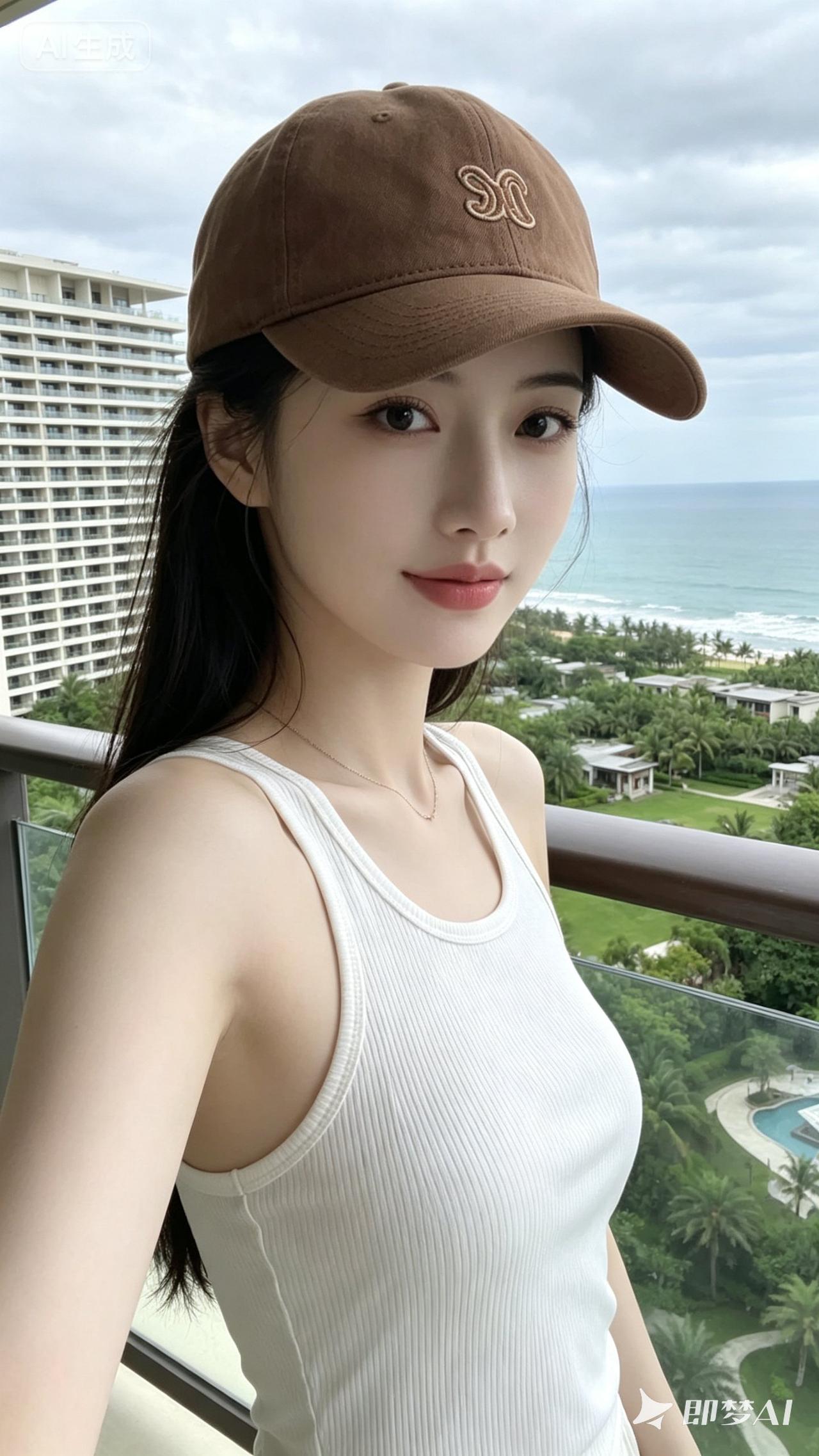 海边度假，戴着帽子拍自拍。