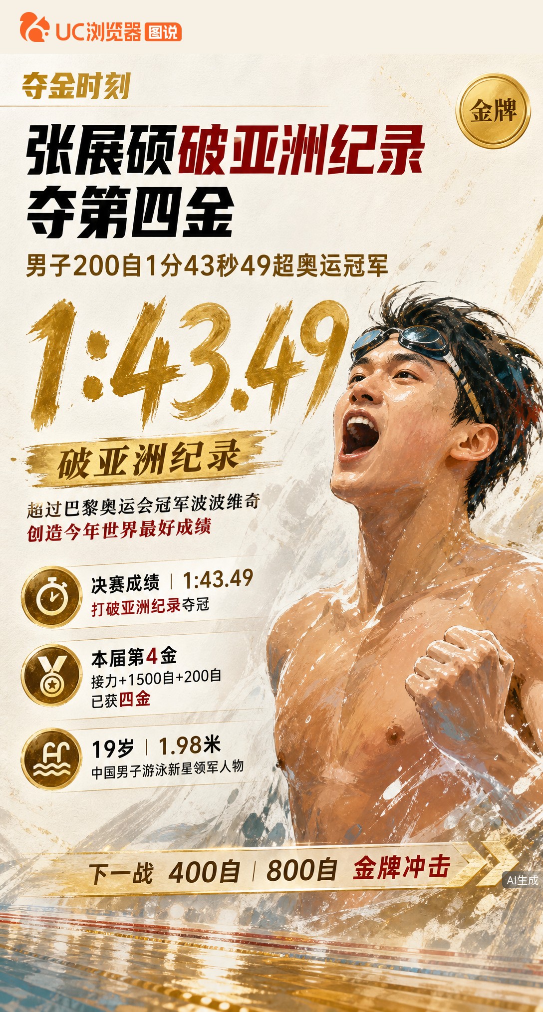 19岁新星夺亚运第4金！男子200自1分43秒49破亚洲纪录，成绩超巴黎奥运冠军，创今年世界最好成绩