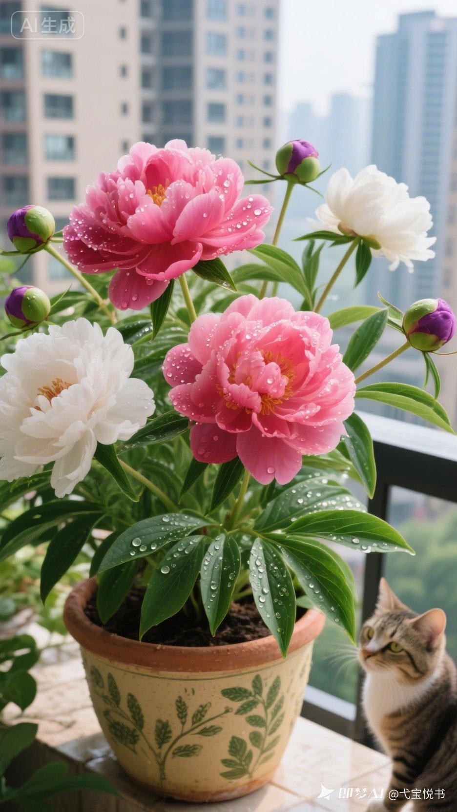 “城市中的绿意盎然，粉白相间的牡丹花与猫咪相伴，静享美好时光。”🌸🐱