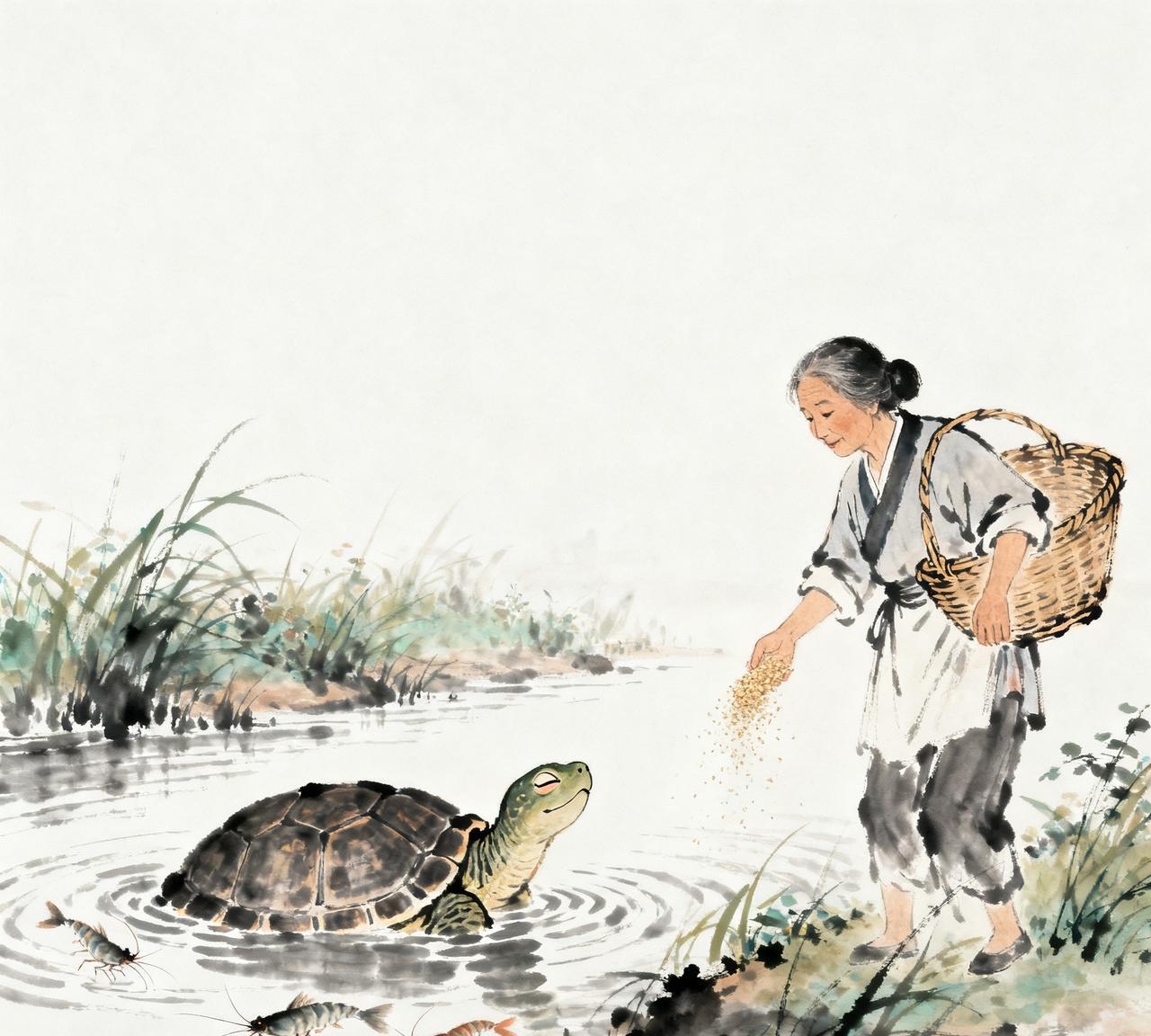 古时，有个女子去河边洗衣服，发现一只磨盘大的老龟卡在泥里，她便相助老龟回到河里。