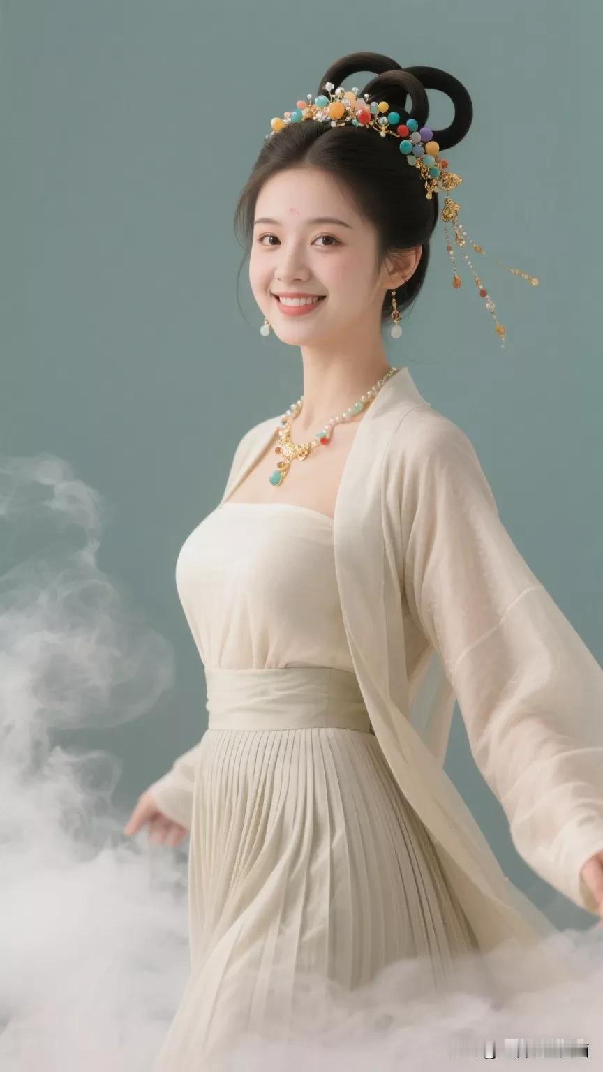 仙气飘飘的古风美人，云雾缭绕中，宛如画中仙子。张立启原创书画AI作品古仕女发髻服