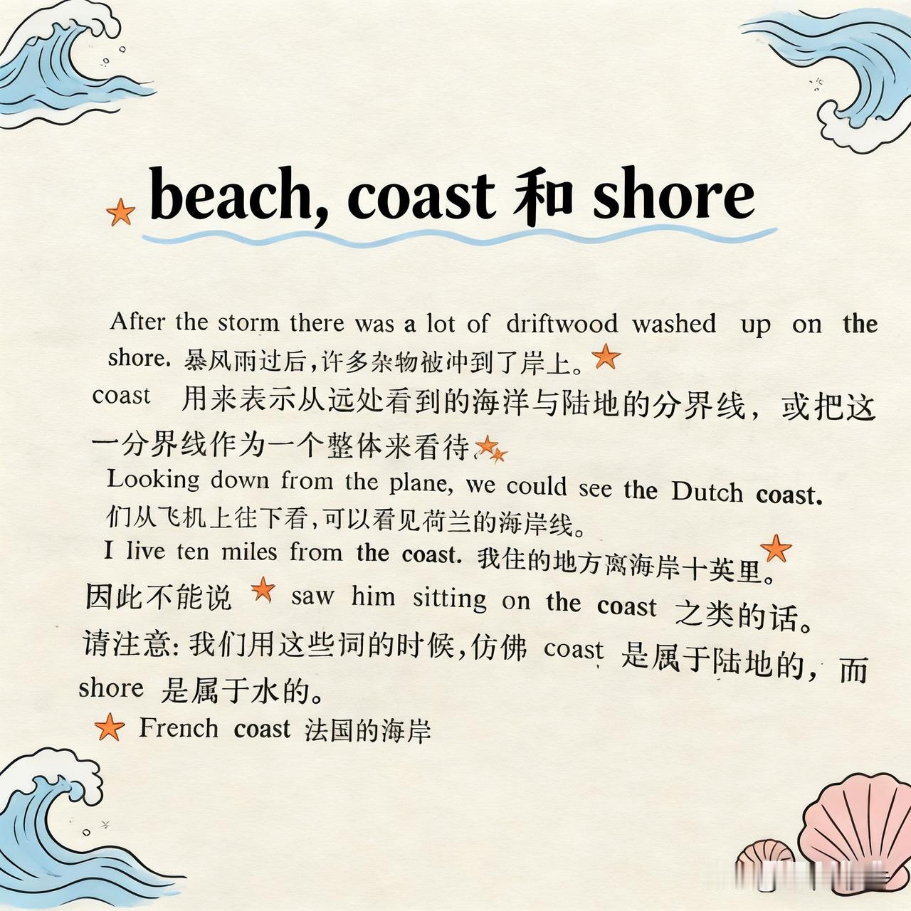英语学习笔记：词汇辨析：beach,coast,shorebeach