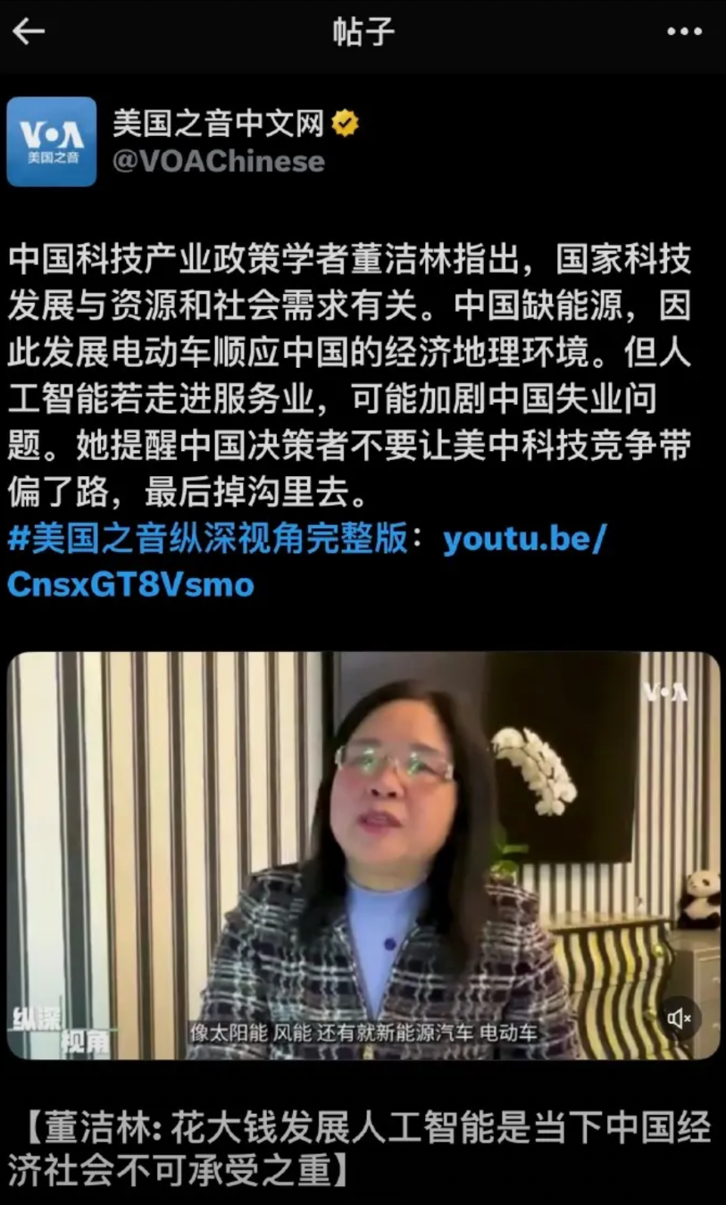 中国刚追上，董洁林女士就建议中国不要发展人工智能，真心出主意还是故意送“毒丸”？