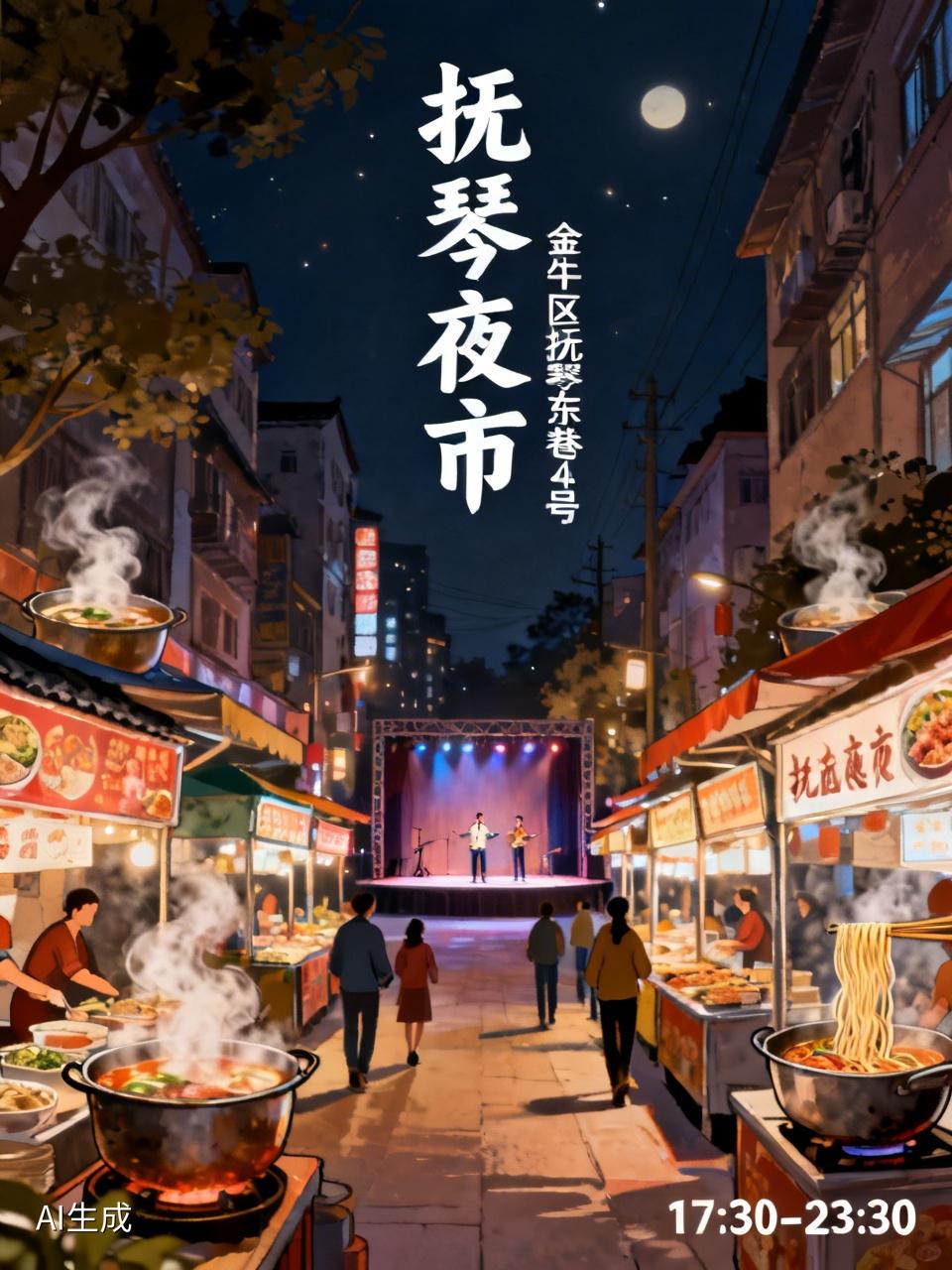 要说成都夜市哪里最热闹，抚琴夜市必须拥有姓名！它在金牛区抚琴东巷4号，地铁5号线