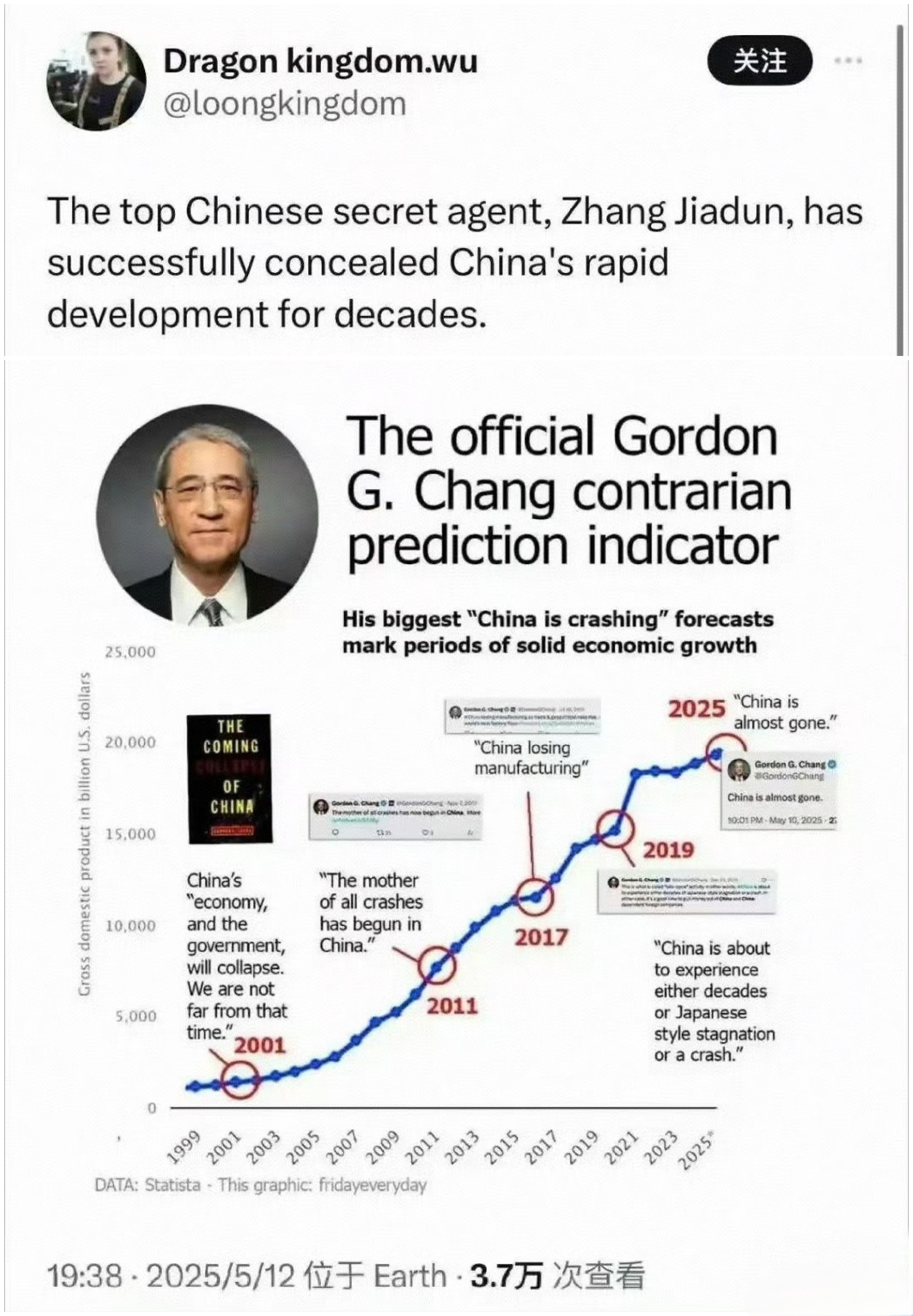 外网称，《中国即将崩溃》的作者章家敦是中国的顶级间谍，他成功掩护了中国近几十年的