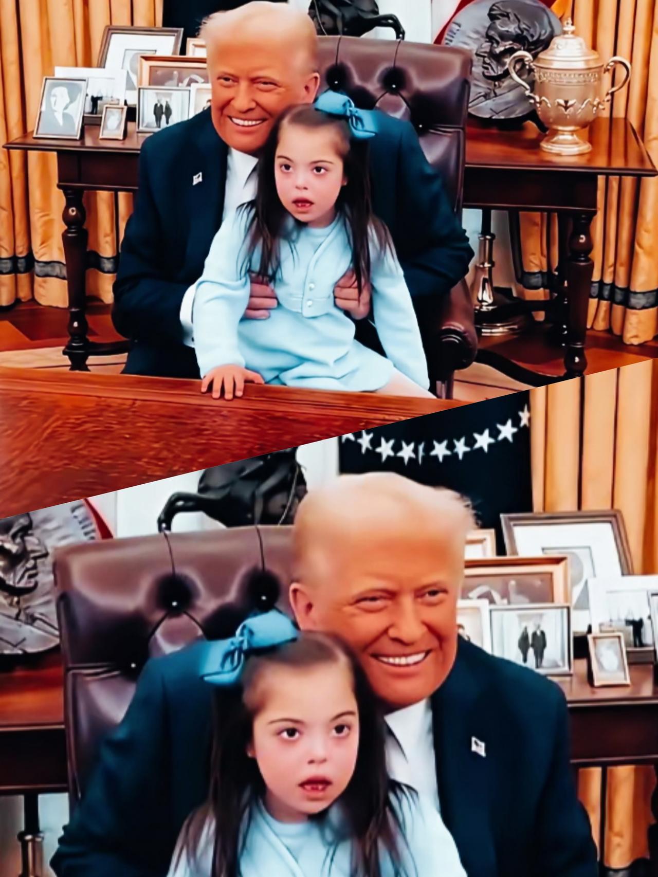 特朗普满脸笑容和抱着的小孩脸上表情，形成了鲜明对比啊！小朋友脸上的表情，是不是