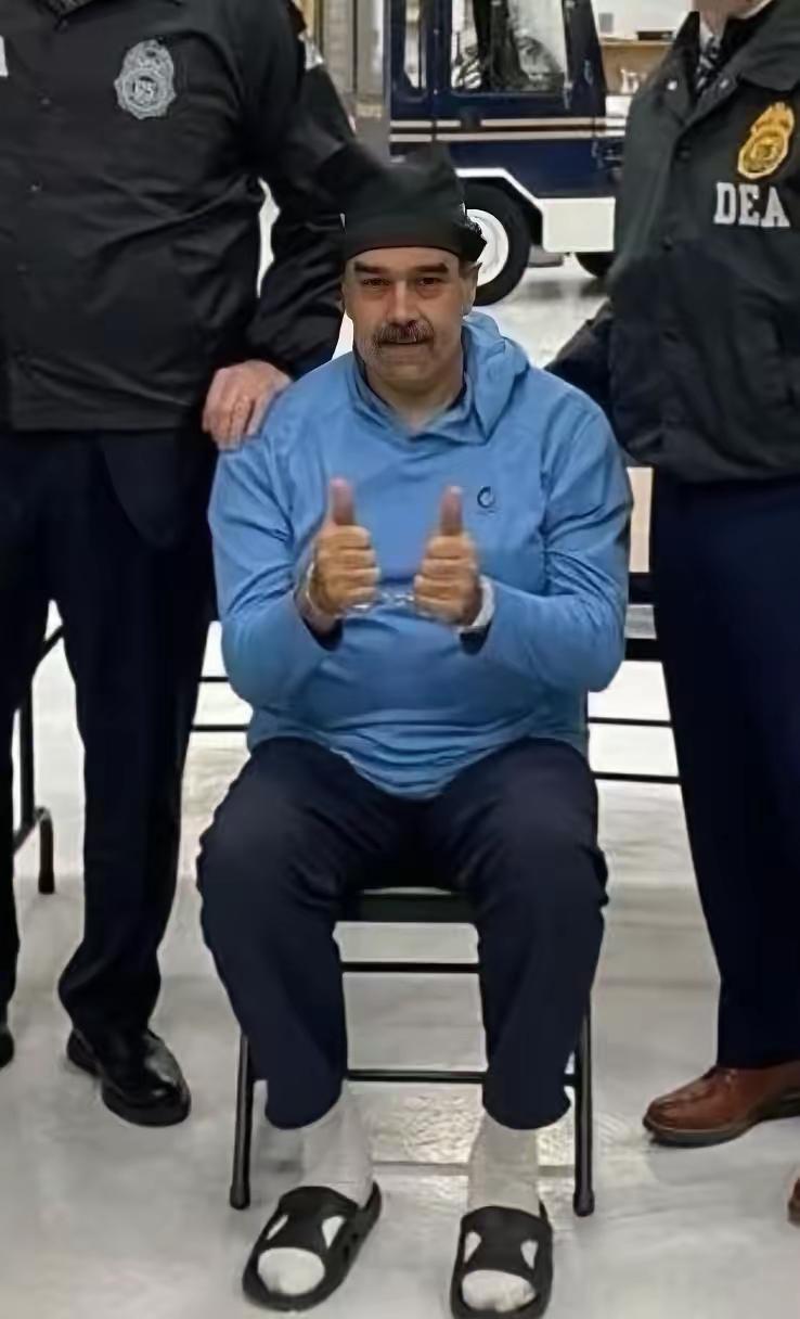 马杜罗老师经过长途跋涉到达纽约之后，仍然穿着晚上睡觉时的拖鞋，双手伸出大拇指，面