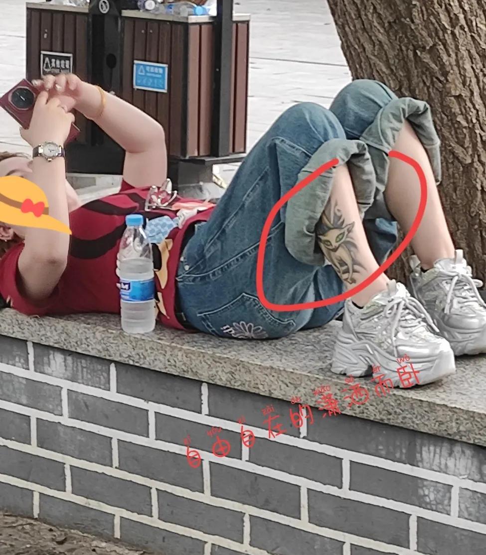 旅游时发现的，随手拍下了这真实的一幕。在景区里面的隔离矮墙上，如此潇洒的席地而躺