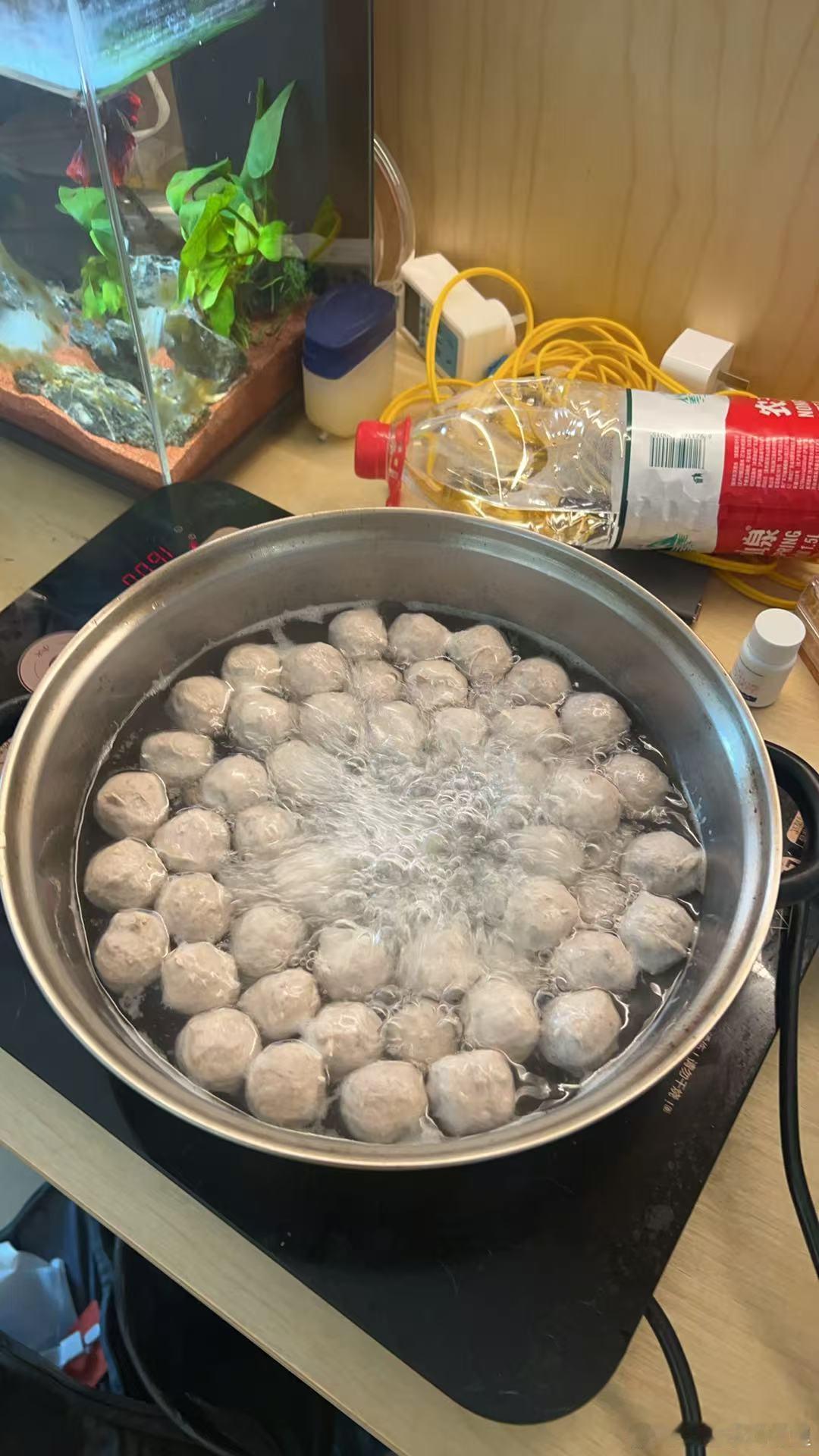 前有空气炸锅烤肠，后有小伙伴带电磁炉和锅来煮牛肉丸，下一步可以直接夜宵蛋炒饭走起