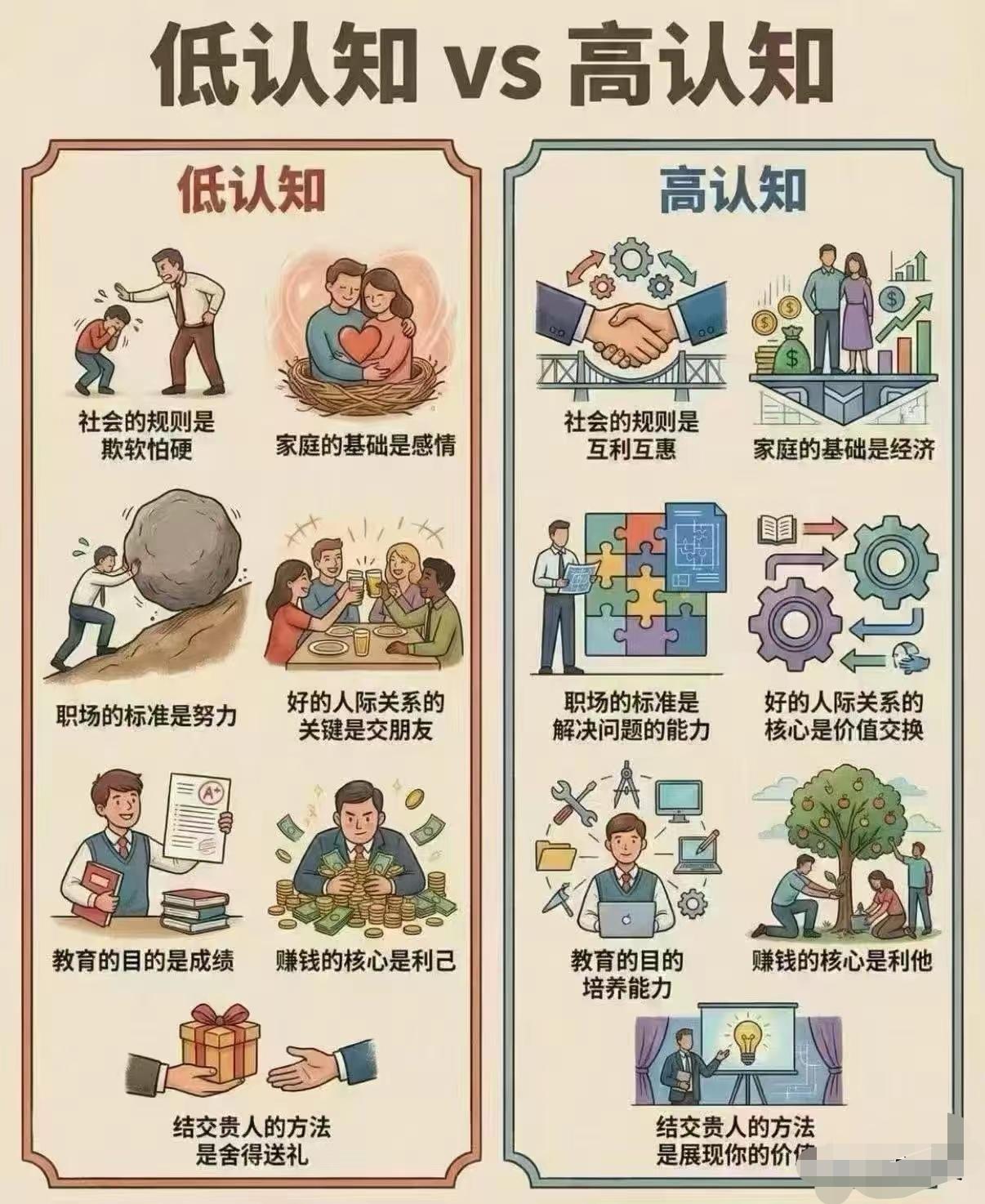 这张图看起来很扎心，但是的确很现实。一个人的认知高低与一个人的经历、资历、阅历都