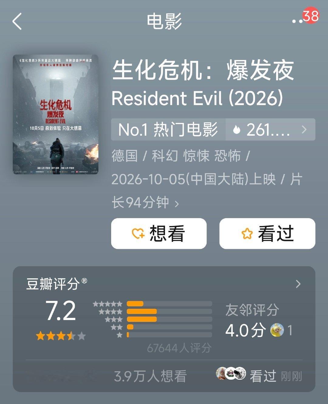 生化危机：爆发夜目前的豆瓣评分是7.2分对比一下前几部的评分，大家觉得值得去电影院看么？[思考]​