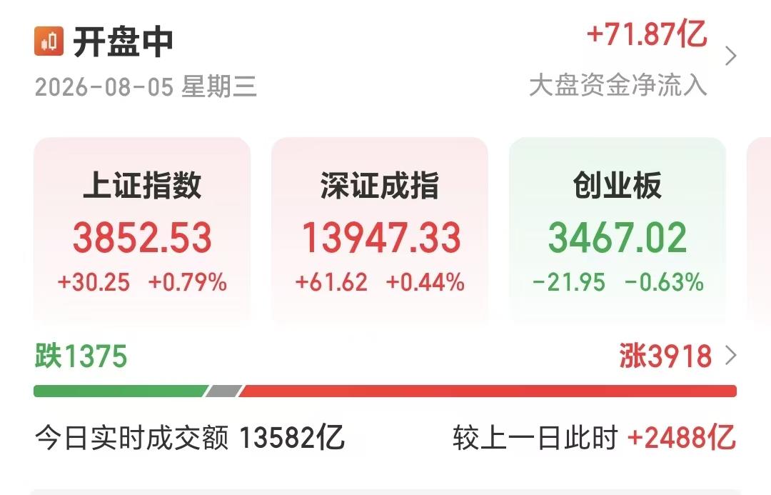 8月5日早盘，3900多家上涨，1335家下跌，上证指数大涨30多个点，大盘资金