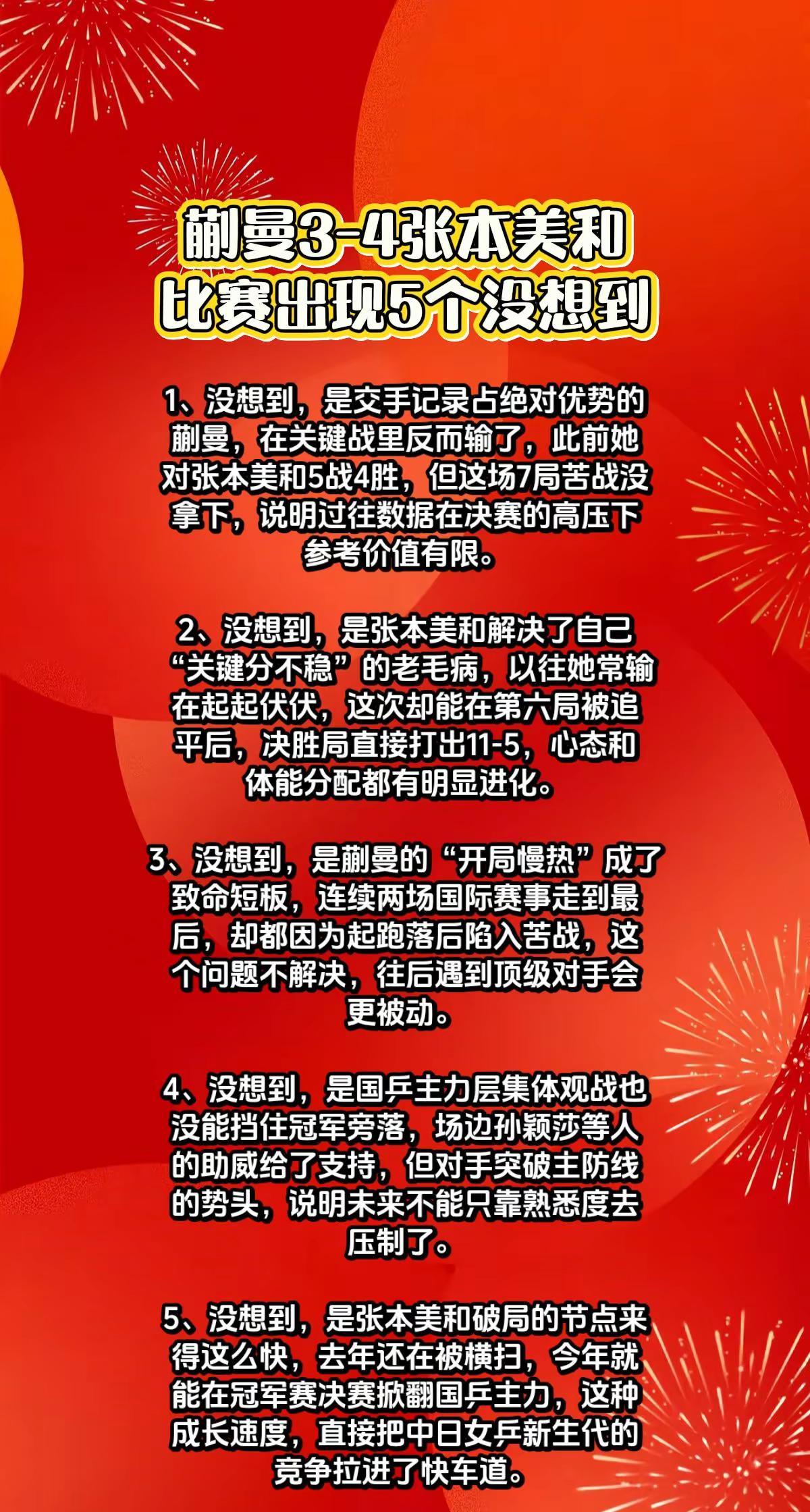 蒯曼3-4张本美和，比赛出现5个没想到。