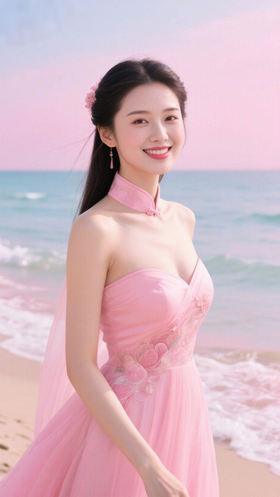 粉裳伴海逐轻潮霞色把海天晕成柔粉时，她立于滩边的风里。粉纱裙裾沾了浪尖的细