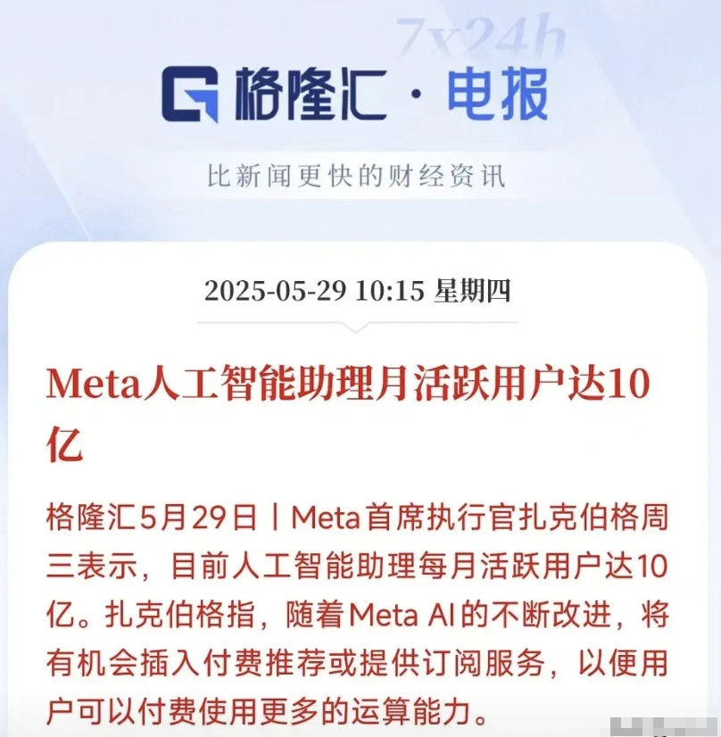 好家伙！Meta人工智能助理月活跃用户达10亿！这数字什么概念？差不多每8个