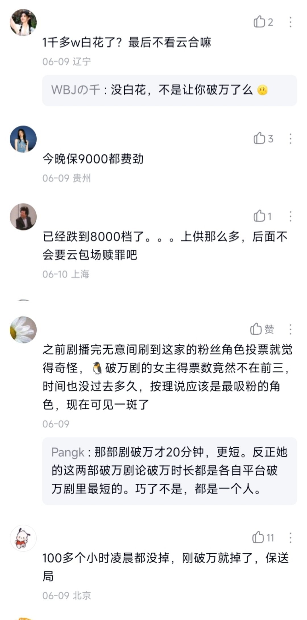 网友说陈都灵《雁回时》只破万了20分钟，《翘楚》破万只有6小时体验卡