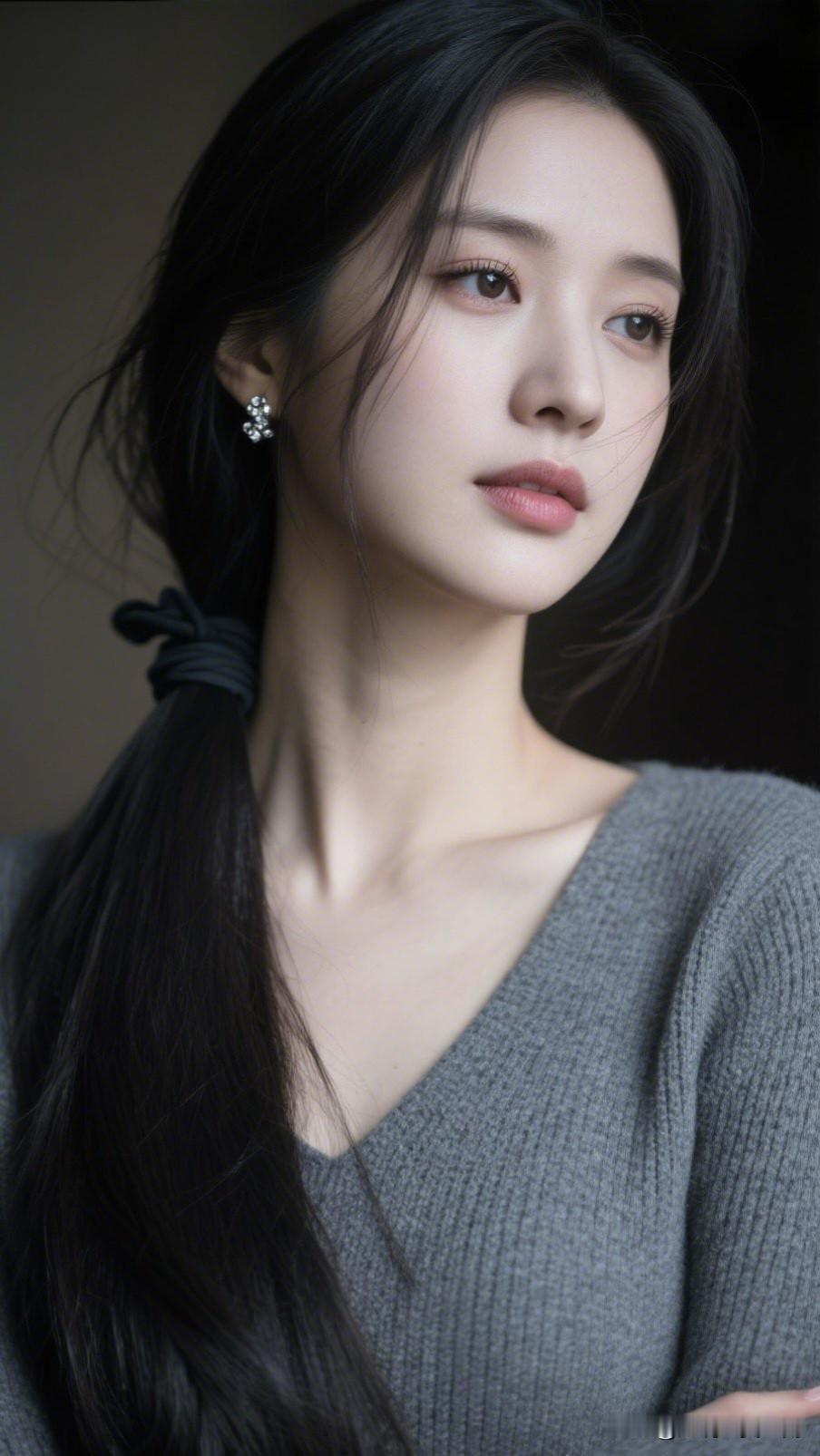 温柔的黑发少女，静谧的灰色毛衣，如梦似幻的氛围。什么搭配显气质