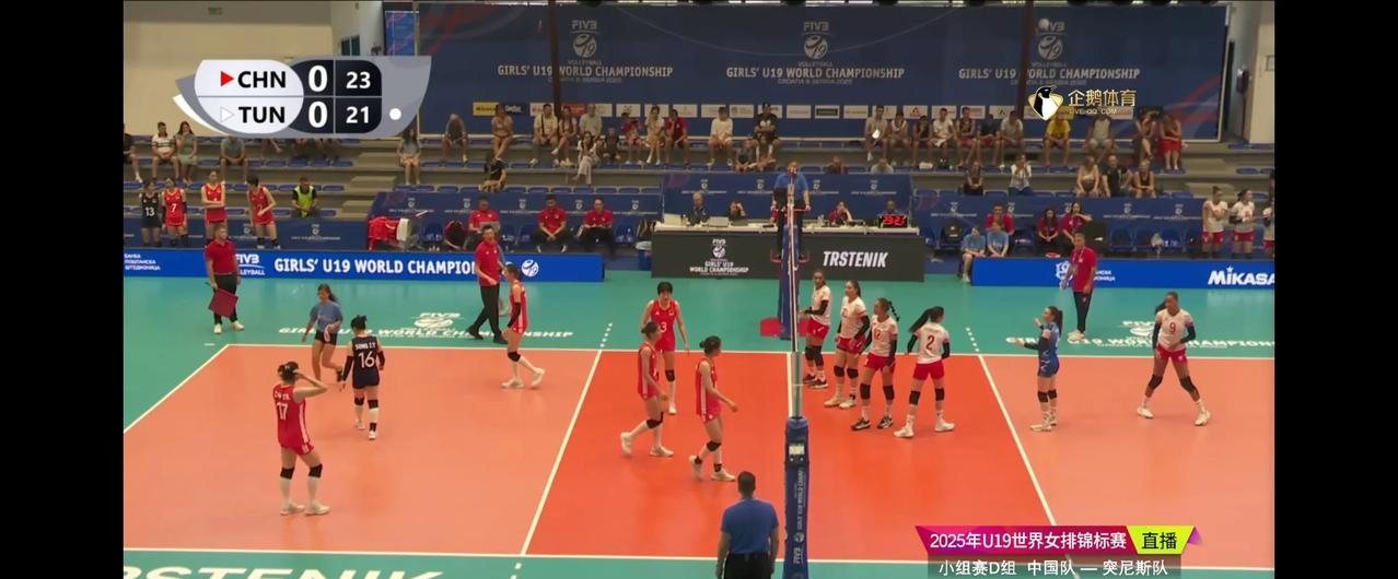 U19世界女排锦标赛，小组赛D组中国女排对阵突尼斯女排，中国女排第一局25-21