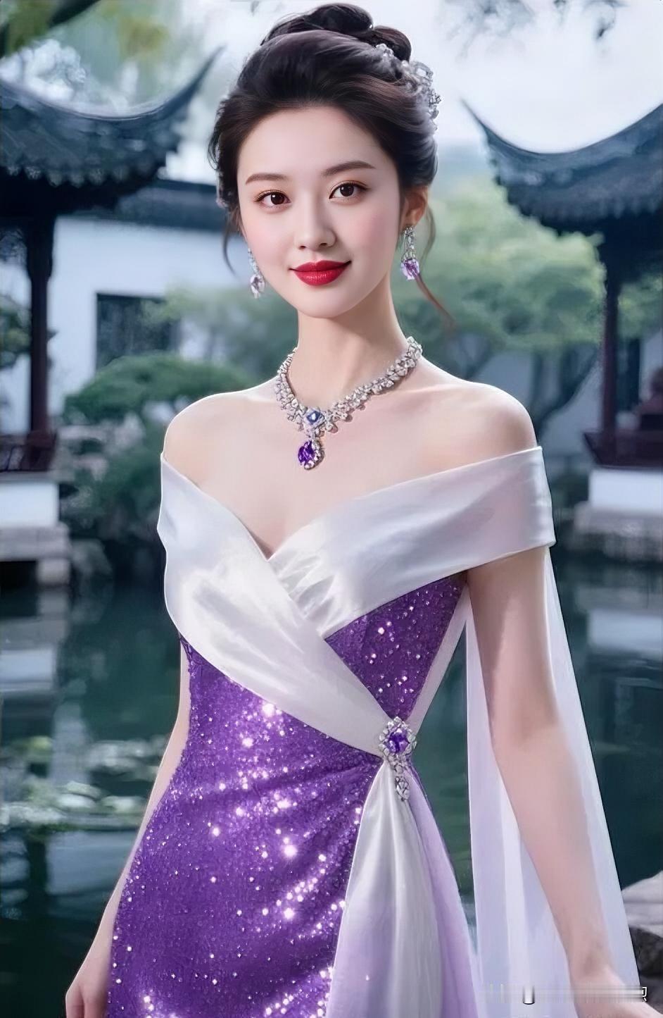 烟雨江南，飞檐翘角。紫韵流光与纯白轻纱交织，宛如星河倾泻。颈间璀璨宝石低语，凝驻