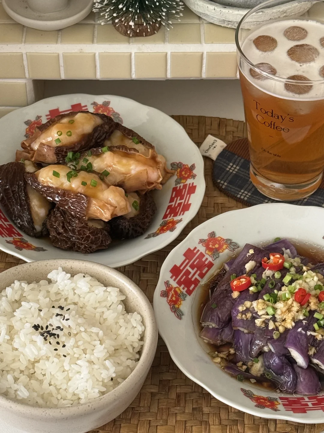午餐｜羊肚菌酿虾滑&凉拌茄子🥢