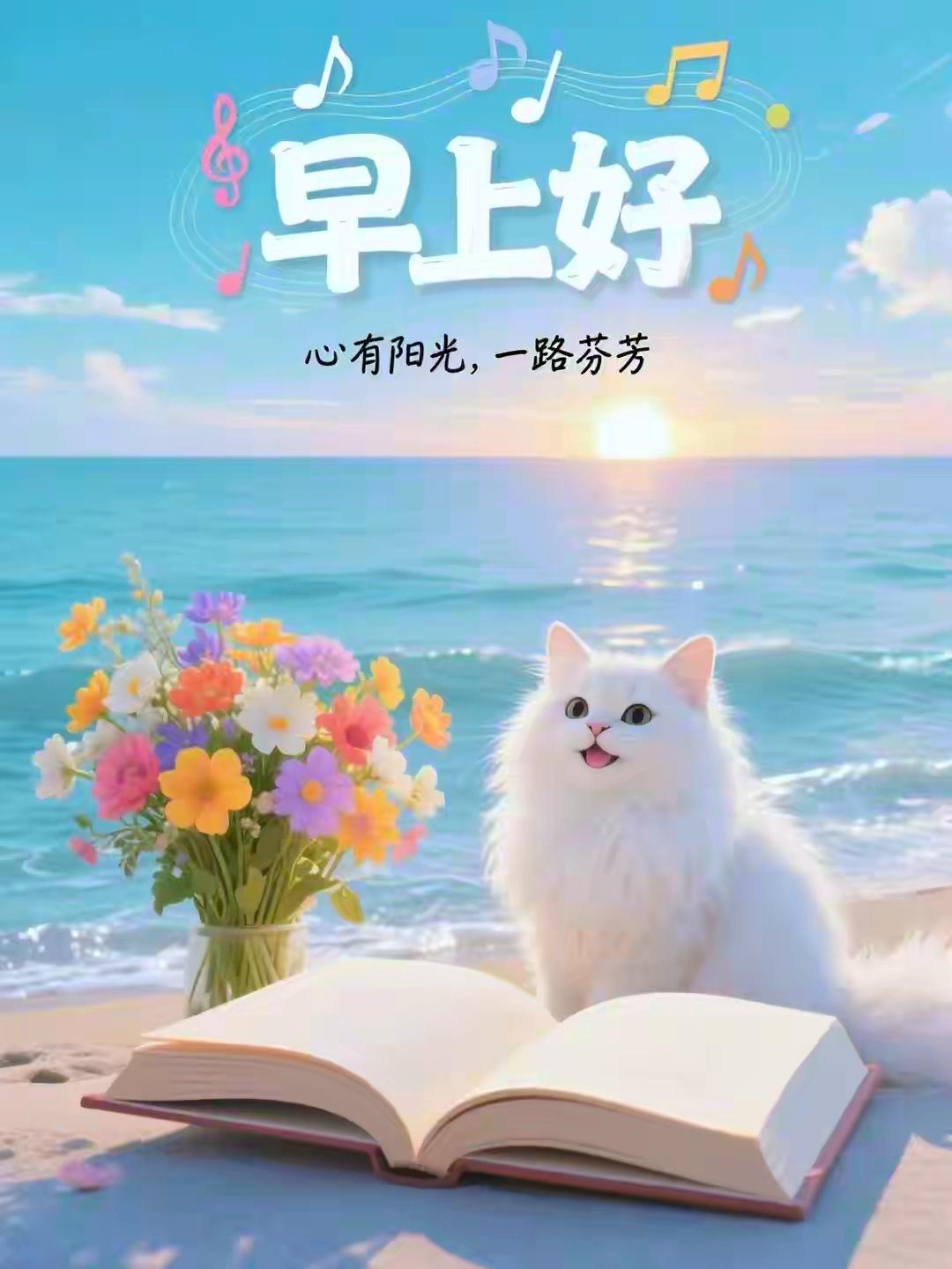 早上好！猫咪伴着鲜花与书香，于晨光中等你开启元气满满的一天，心有阳光，一路芬芳～