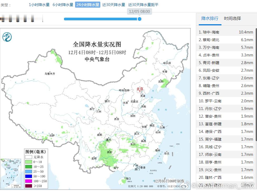 【雨雪】昨天到今晨，我国的雨雪不多，强度也不大，辽宁新疆部分地区出现降雪，海南广