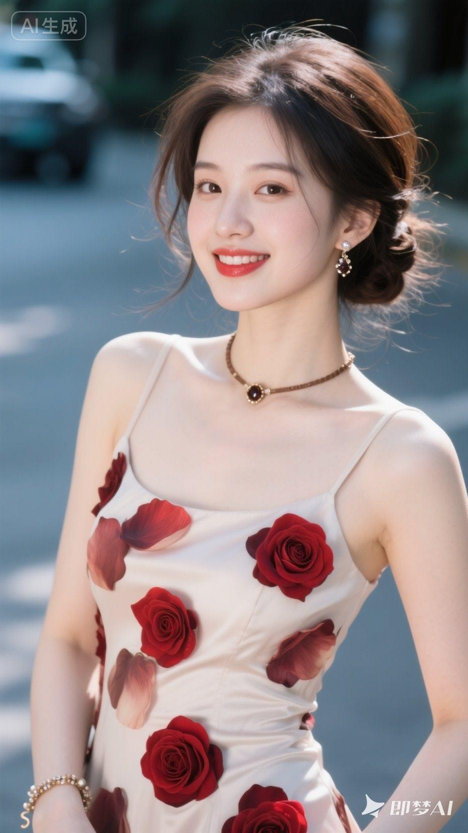 红衣美人笑，花影映芳容。
