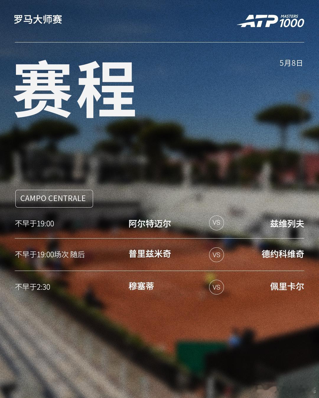 ATP1000罗马大师赛周五赛程如下（均为北京时间）👀📍意大利·罗马🎾男