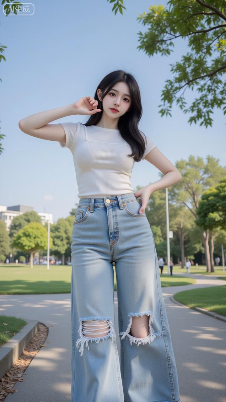 公园草坪上的元气甜妹米白短T搭破洞阔腿牛仔裤，清爽又带点小俏皮~发丝被风扬