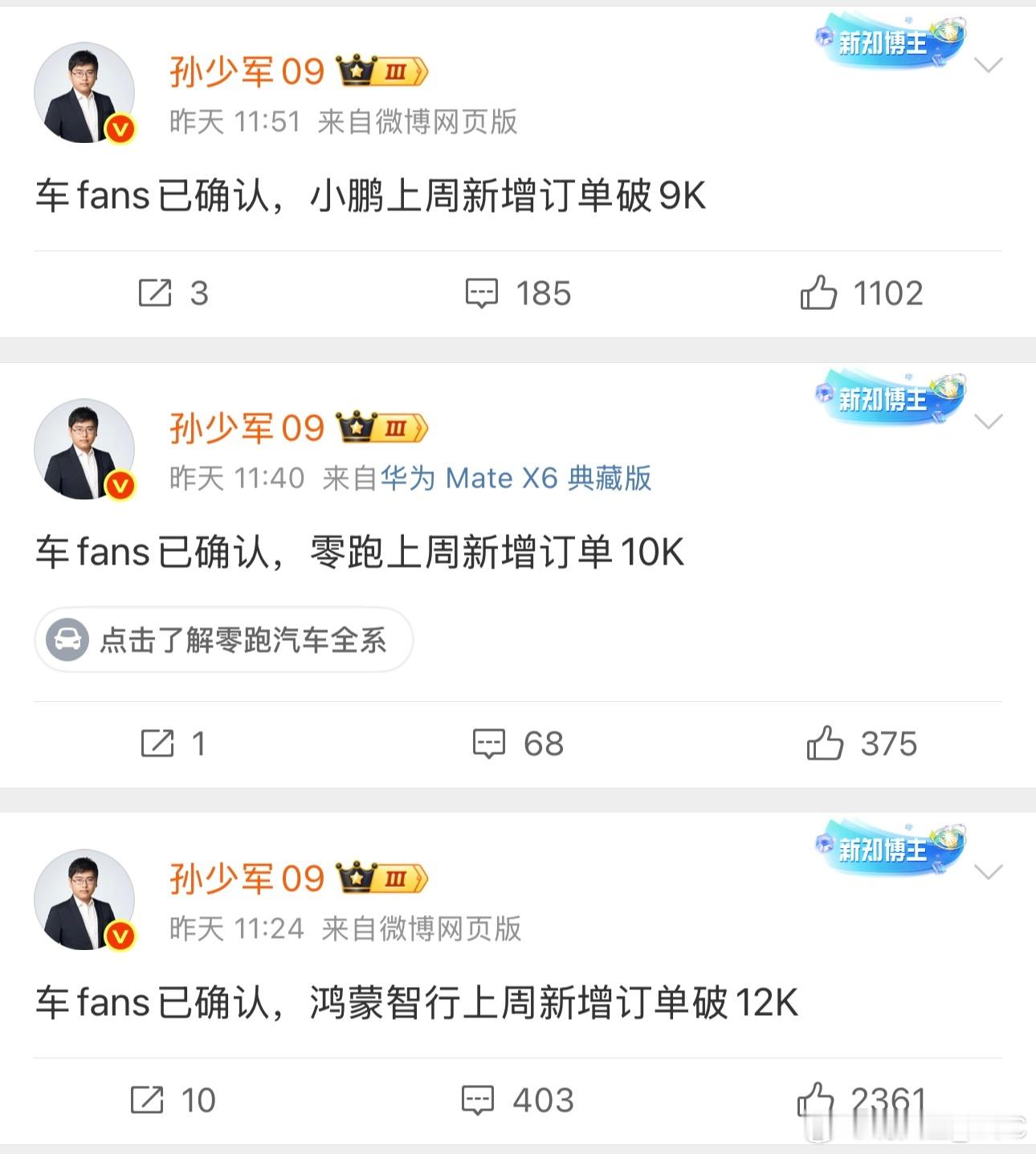 其他品牌可以参考昨天发的新增订单数据：鸿蒙破12K零跑10K小鹏9K​​