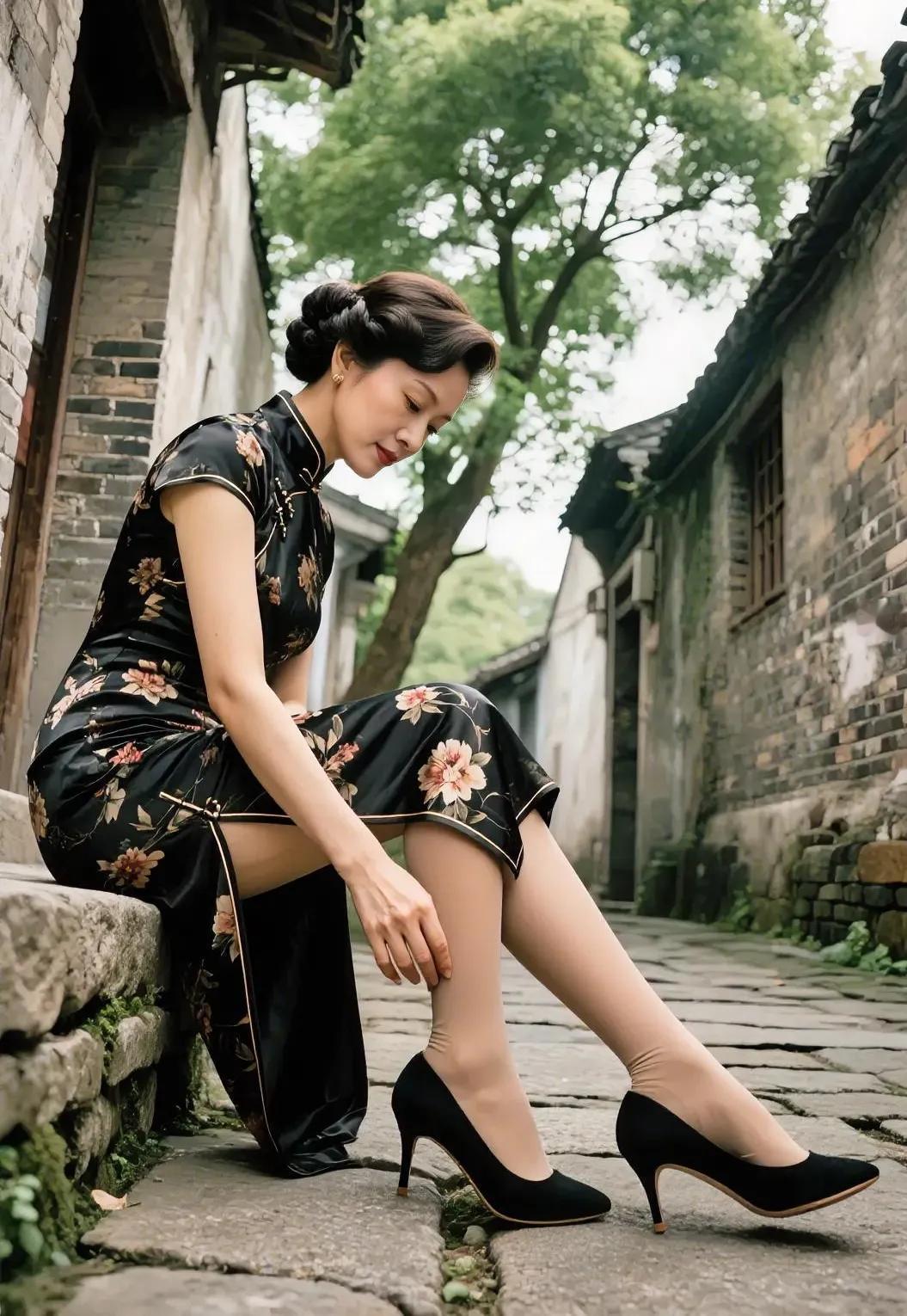 试想一下，身穿一件黑缎旗袍，红色的镶边使其更具韵味，在幽静的古巷中漫步。古巷中烟