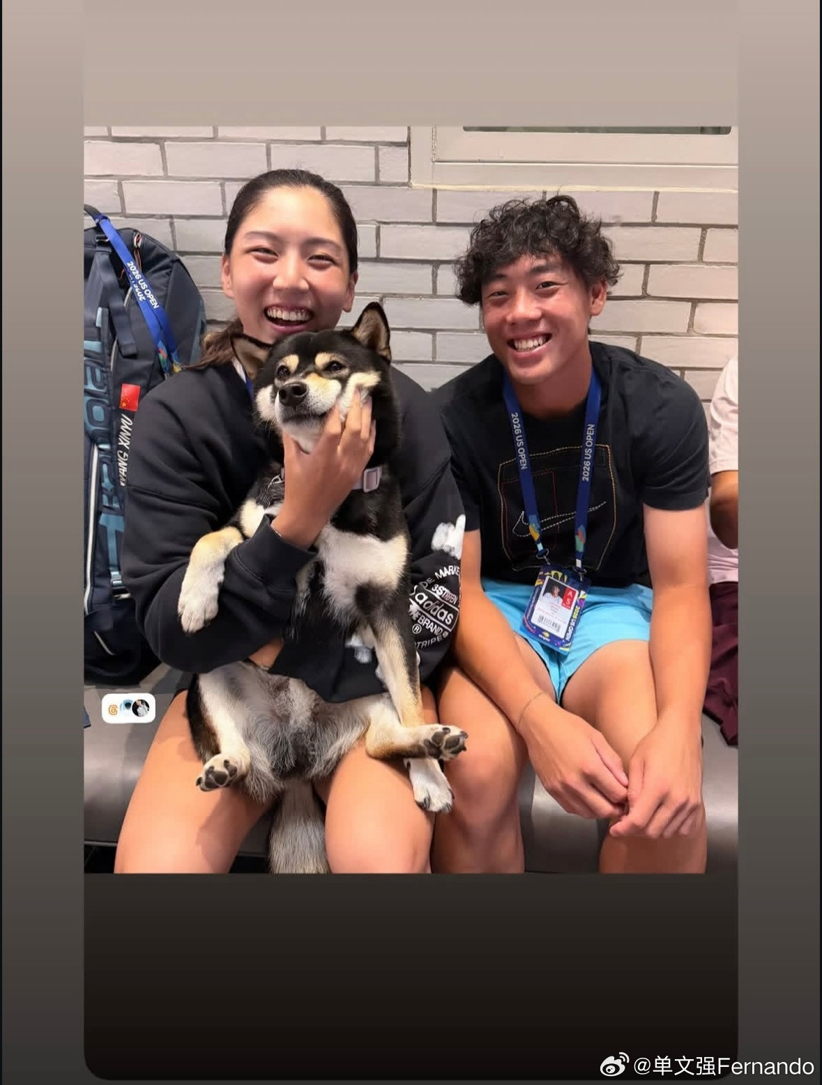 王欣瑜🤝黄泽林！Gina和Coleman在美网2026联动起来了，抱着狗狗，关