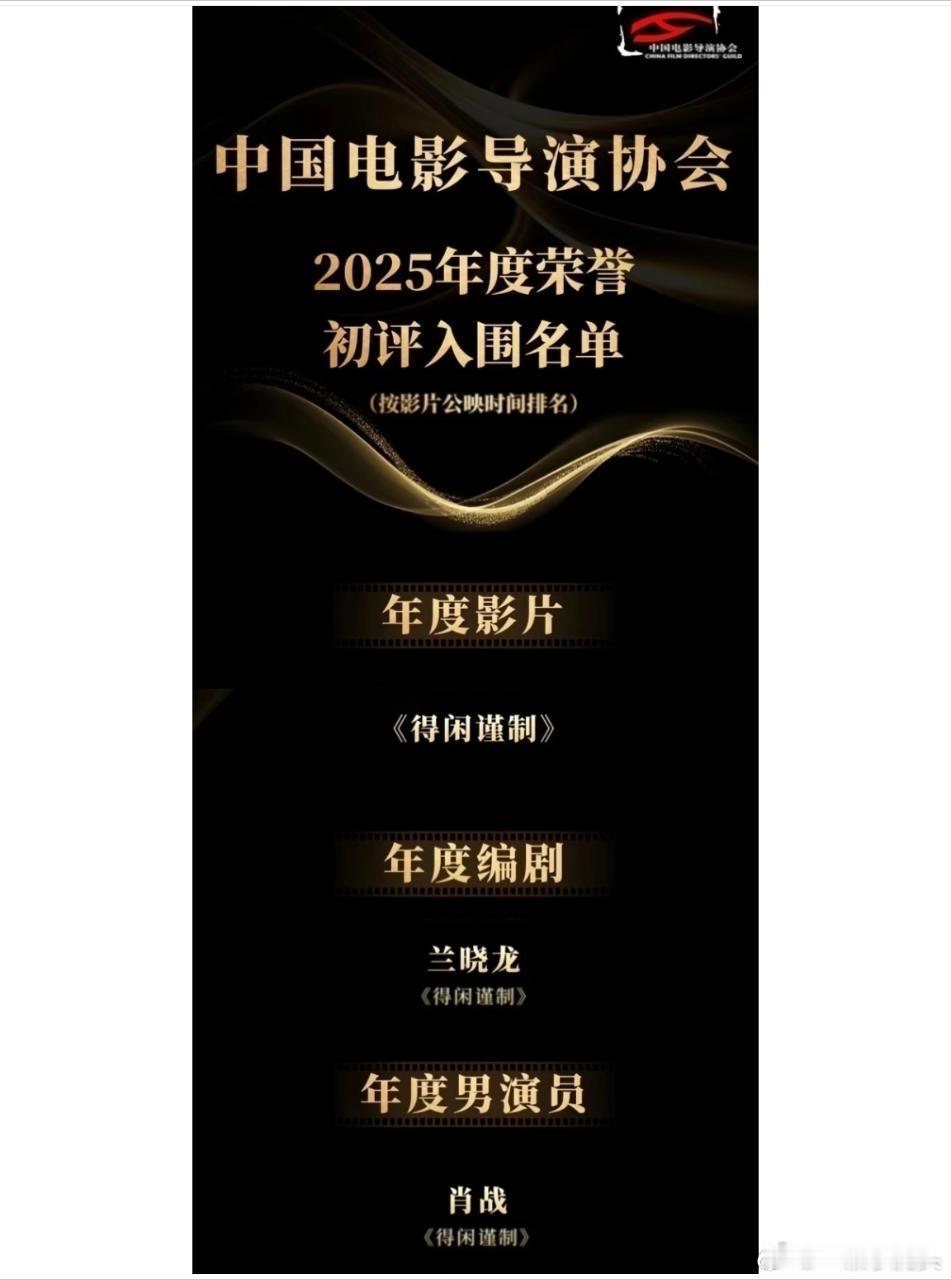 中国电影导演协会2025年度荣誉初评入围名单揭晓，🎉恭喜肖战入围年度男演员，得