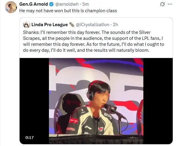 来自对手的认可！GEN老板转发Shanks采访：他可能没赢，但绝对是冠军级的中单