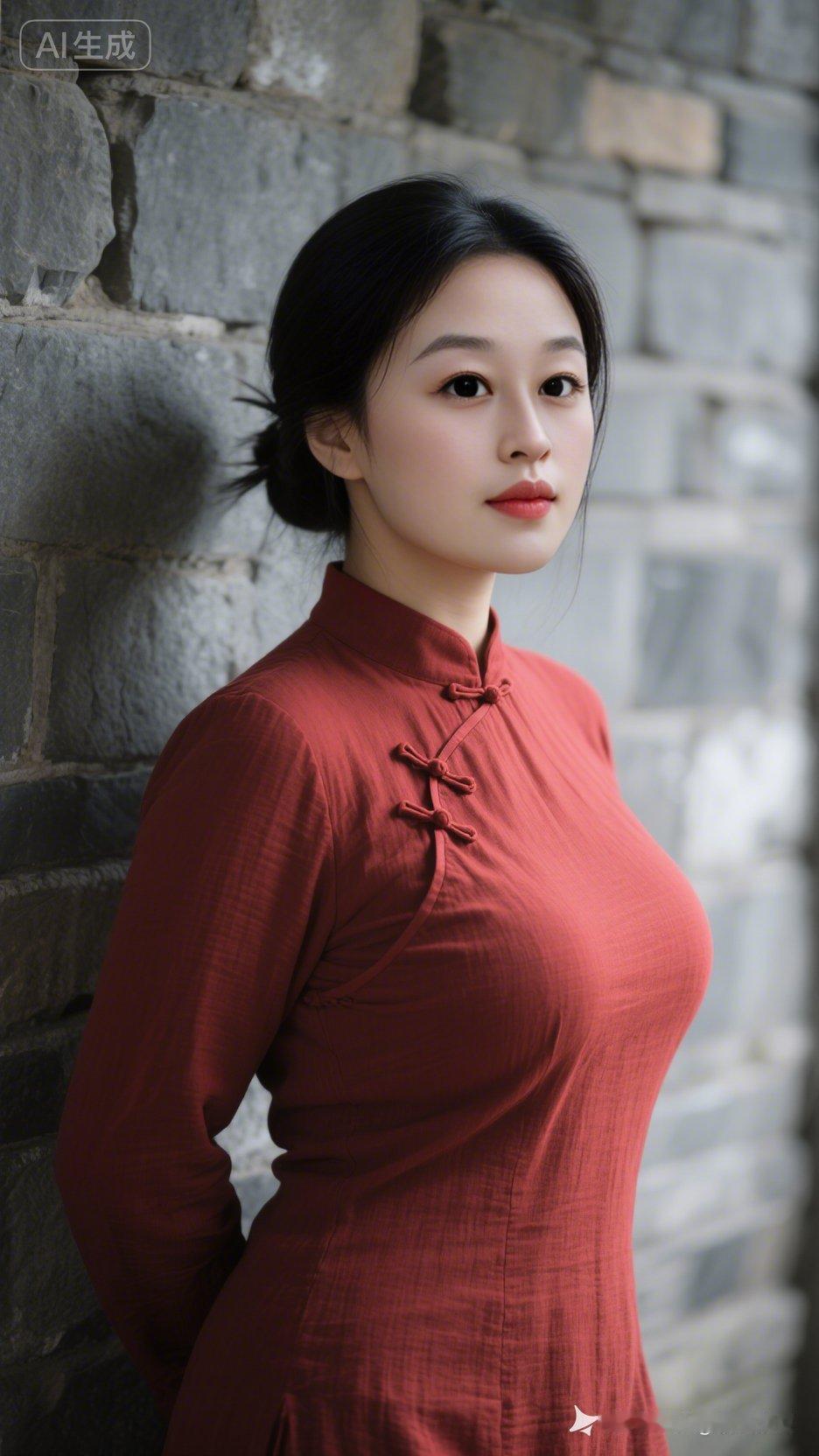 这姑娘穿着红色旗袍，靠在石墙上。