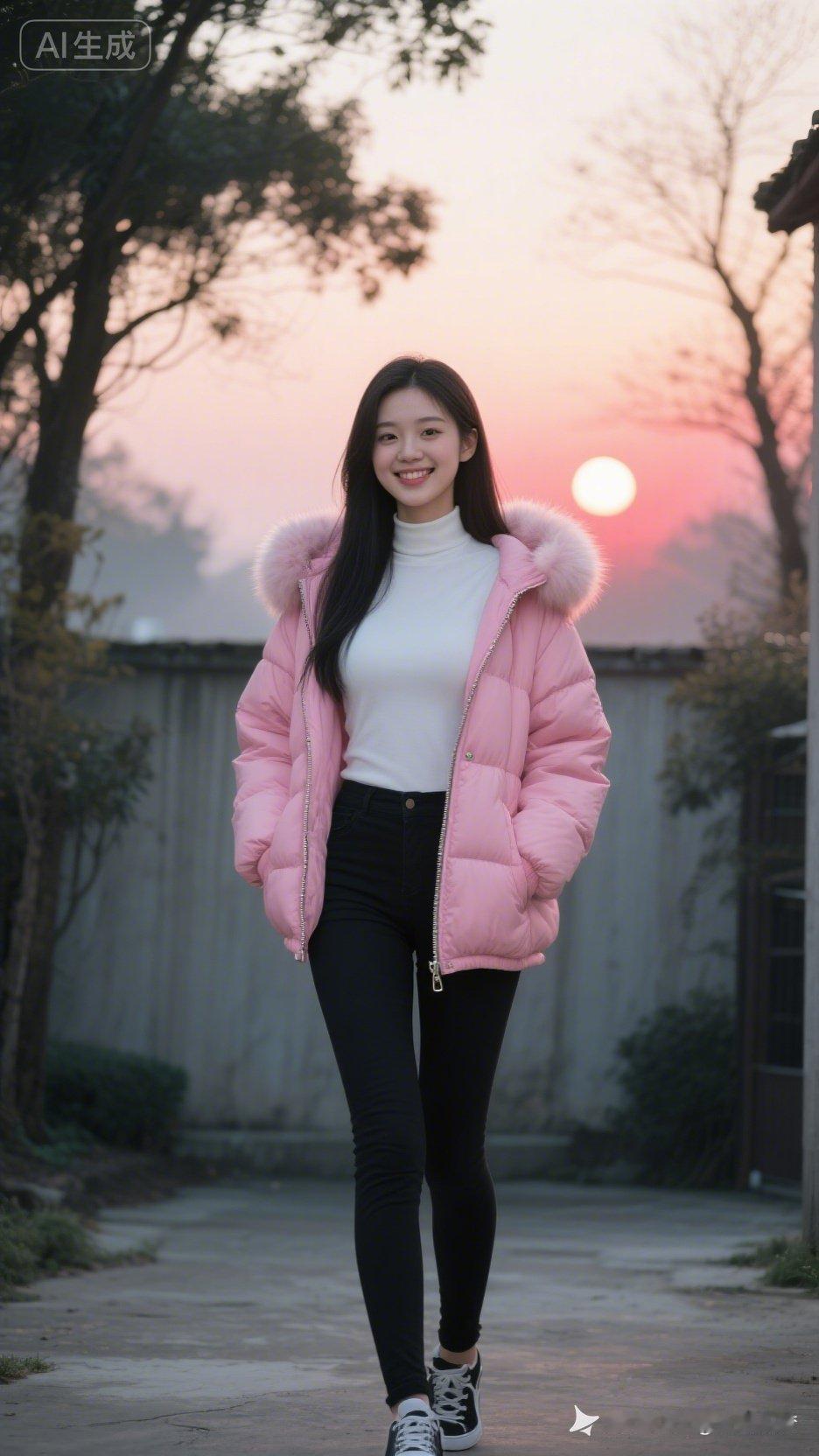 冬日暖阳下，粉外套与白高领的完美搭配，尽显甜美与温暖。